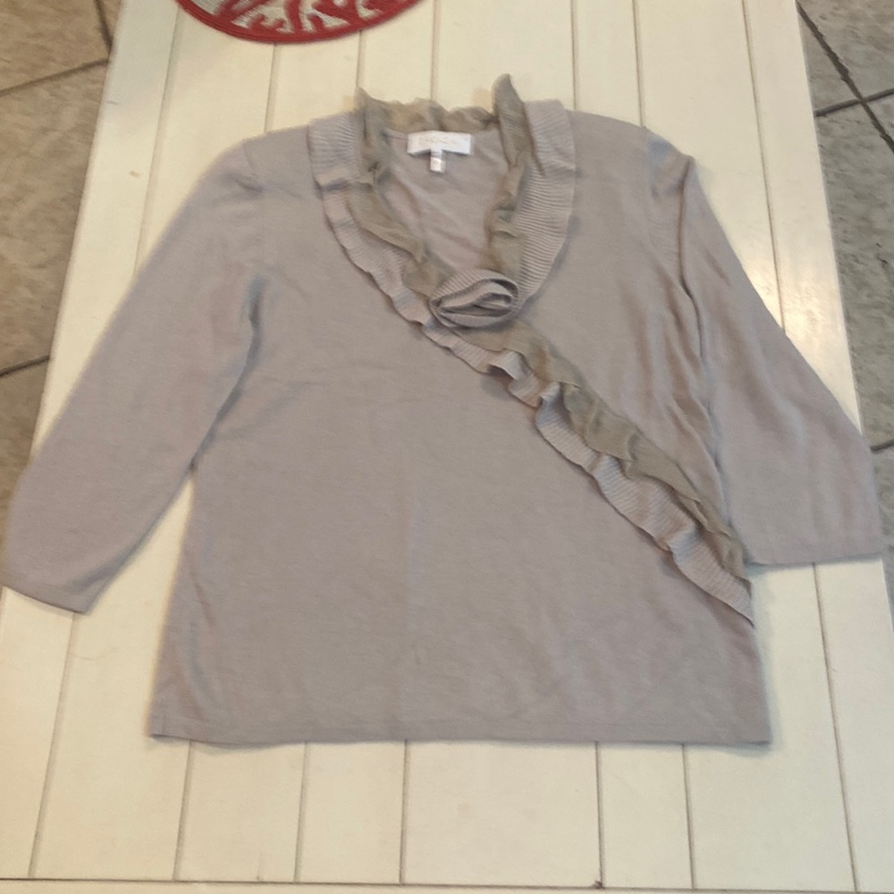 Escada v neck sweater with ruffled neck & flower at V. Size 42